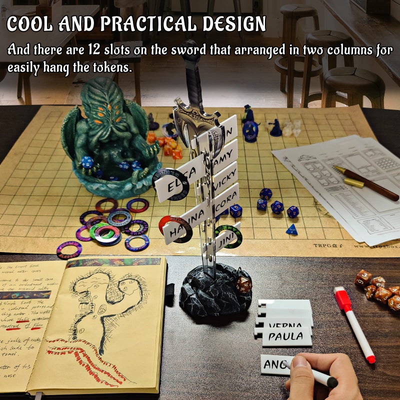 CZYY Initiative Tracker Acrylic Laser Cut Sword in The Stone Base with 12 PCS Erasable Taken Flags Perfect for D&D, Dungeons & Dragons, Pathfinder and Other Tabletop RPG - Image 3